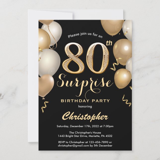 Invitation Surprise 80e anniversaire Ballons noir et or (Devant)