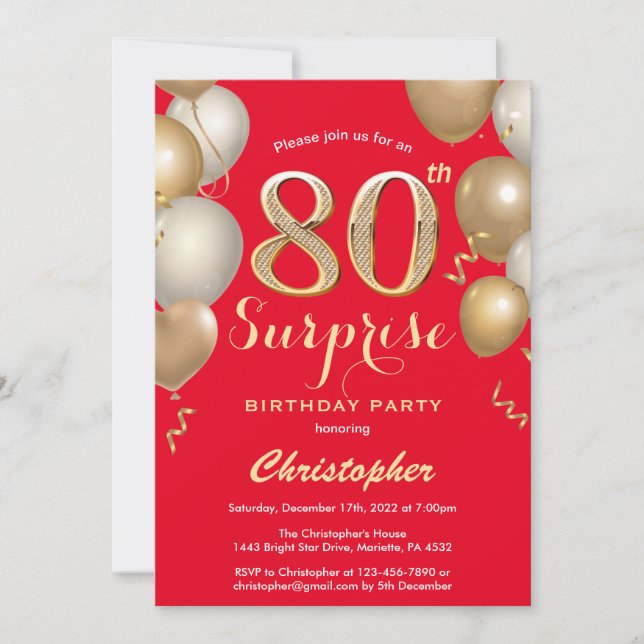Invitation Surprise 80e anniversaire Ballons rouge et or (Devant)