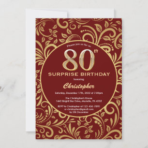 Invitation Surprise 80e anniversaire Bourgogne Rouge & Or Flo