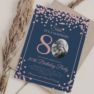 Invitation SURPRISE 80e Anniversaire Confettis Rose Gold Bleu