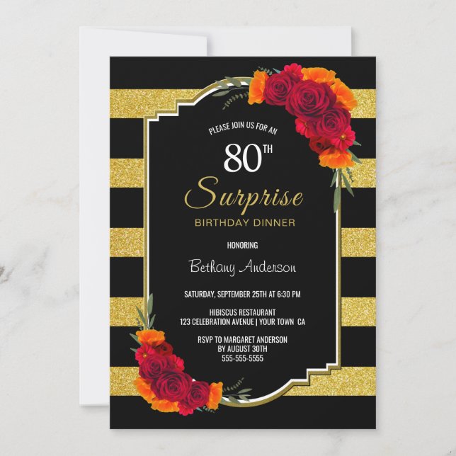 Invitation Surprise 80e anniversaire Dîner Noir Or rayé (Devant)