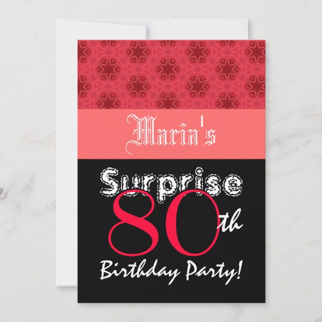 Invitation SURPRISE 80e anniversaire Etoiles rouges et noires (Devant)