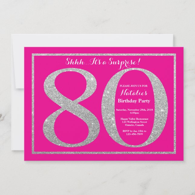 Invitation Surprise 80e anniversaire Hot rose et Parties scin (Devant)