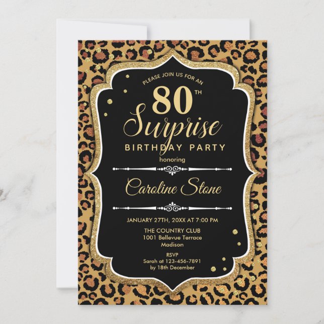 Invitation Surprise 80e anniversaire - Leopard Black Gold (Devant)