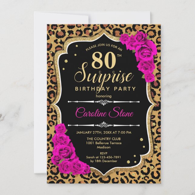 Invitation Surprise 80e anniversaire - Leopard Black Gold Ros (Devant)