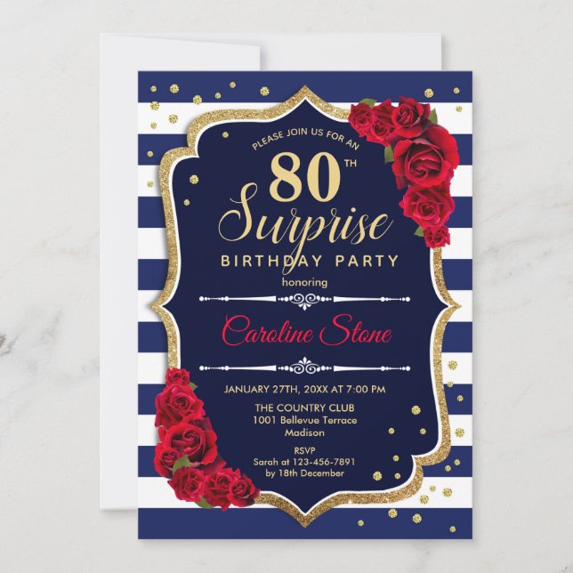 Invitation Surprise 80e anniversaire - Marine Blanc Rouge (Devant)