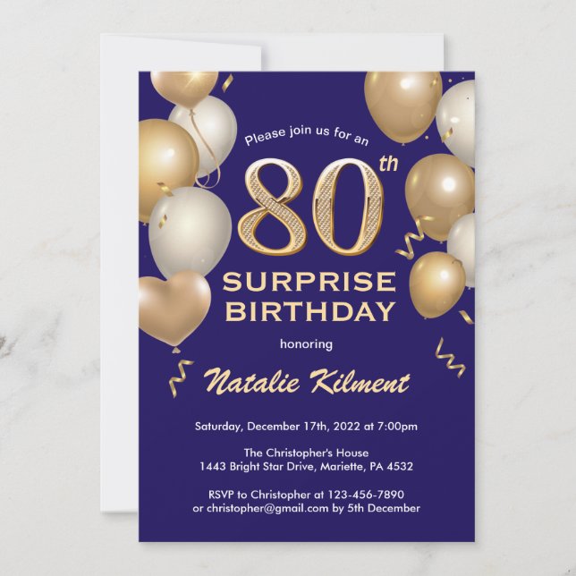Invitation Surprise 80e anniversaire Marine Bleu et Ballons d (Devant)