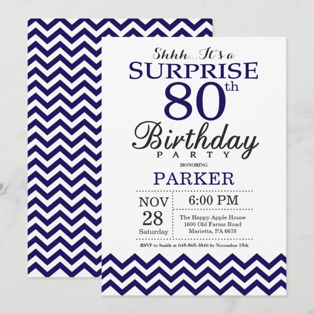 Invitation Surprise 80e anniversaire Marine Blue Chevron (Devant / Derrière)