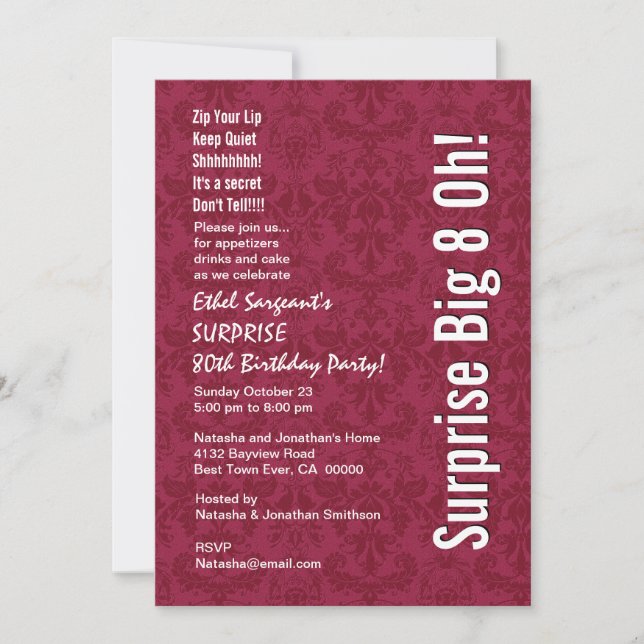 Invitation SURPRISE 80e anniversaire Moderne Rouge Blanc W132 (Devant)