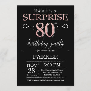 Invitation Surprise 80e anniversaire Noir et Rose Or rose