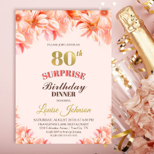 Invitation Surprise 80e anniversaire Pink Gold Floral Dîner