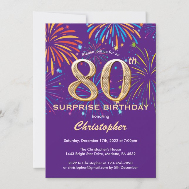 Invitation Surprise 80e anniversaire Purple and Gold Firework (Devant)
