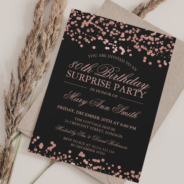 Invitation Surprise 80e anniversaire Rose Gold Foil (Surprise 80th Birthday Party Rose Gold Foil Invitation)