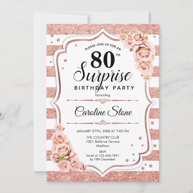 Invitation Surprise 80e anniversaire - Rose or blanc rose (Devant)