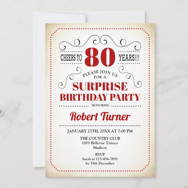 Invitation Surprise 80e anniversaire - Rouge Blanc Noir (Devant)