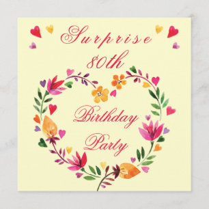 Invitation Surprise 80e anniversaire Watercolor Coeur floral