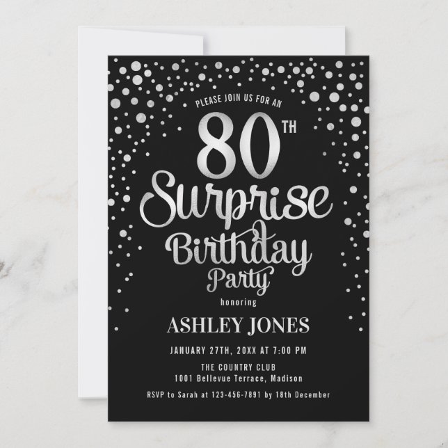 Invitation Surprise 80e fête d'anniversaire - Argent et Noir (Devant)