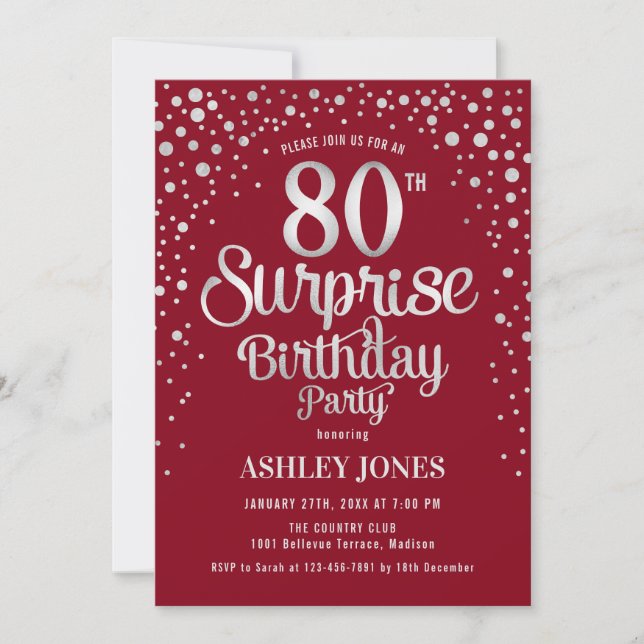 Invitation Surprise 80e fête d'anniversaire - Argent & Rouge (Devant)