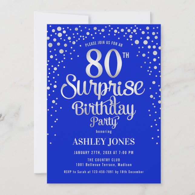 Invitation Surprise 80e fête d'anniversaire - Argent & Royal  (Devant)