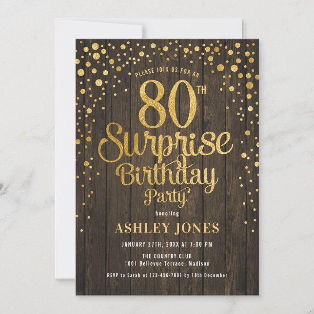 Invitation Surprise 80e fête d'anniversaire - Bois & Or (Devant)