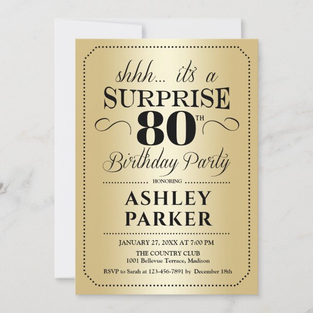 Invitation Surprise 80e fête d'anniversaire - Gold (Devant)