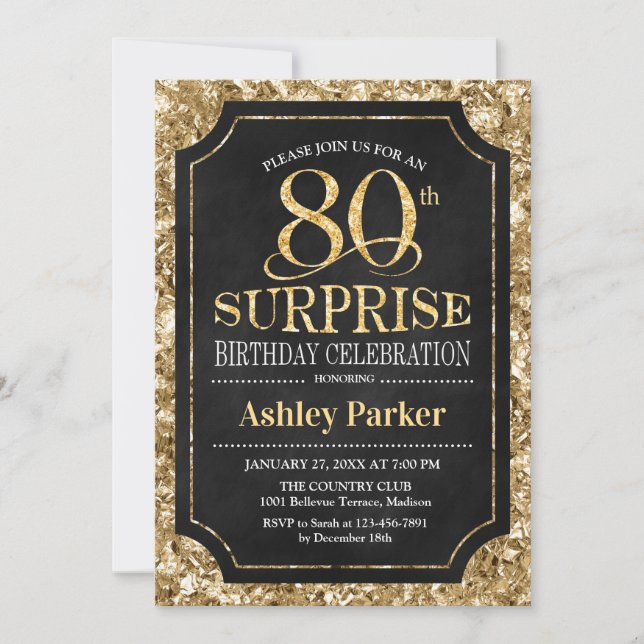 Invitation Surprise 80e fête d'anniversaire - Gold Black (Devant)
