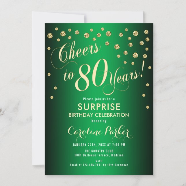 Invitation Surprise 80e fête d'anniversaire - Gold Green (Devant)
