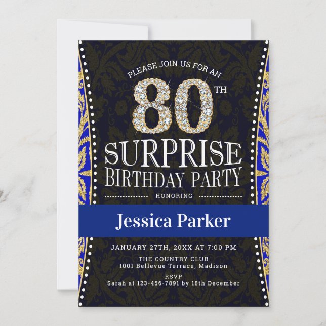 Invitation Surprise 80e fête d'anniversaire - Gold Navy Blue (Devant)
