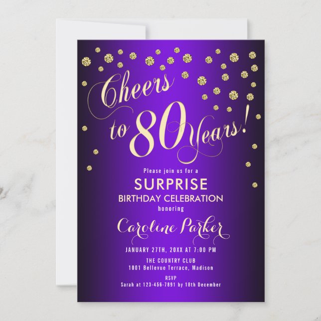 Invitation Surprise 80e fête d'anniversaire - Gold Purple (Devant)
