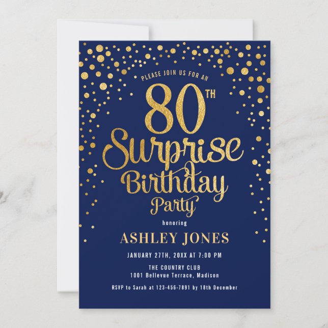 Invitation Surprise 80e fête d'anniversaire - Marine & Gold (Devant)