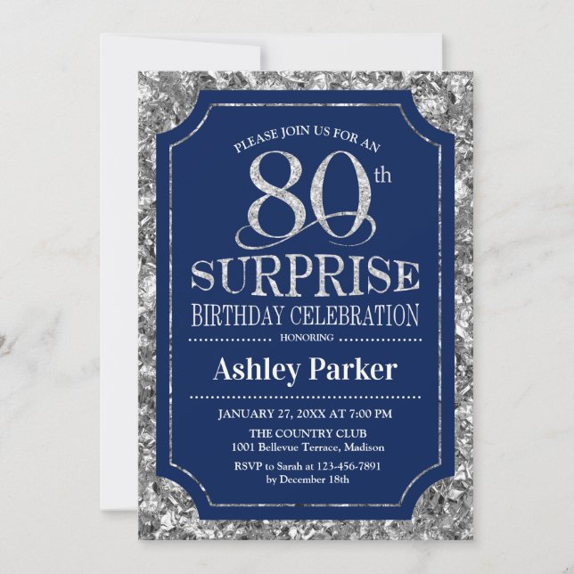 Invitation Surprise 80e fête d'anniversaire - Silver Navy Blu (Devant)