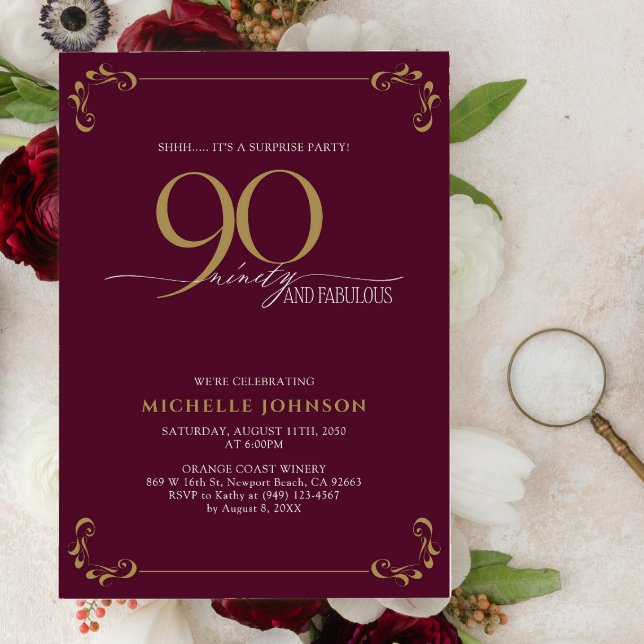 Invitation Surprise 90 & Fabuleux Anniversaire Bourgogne & Or (Créateur téléchargé)
