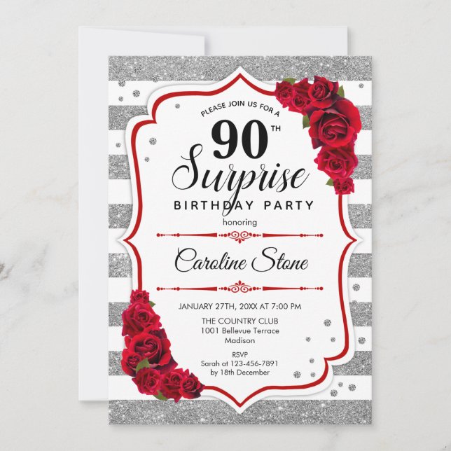 Invitation Surprise 90e anniversaire - Argent Blanc Rouge (Devant)