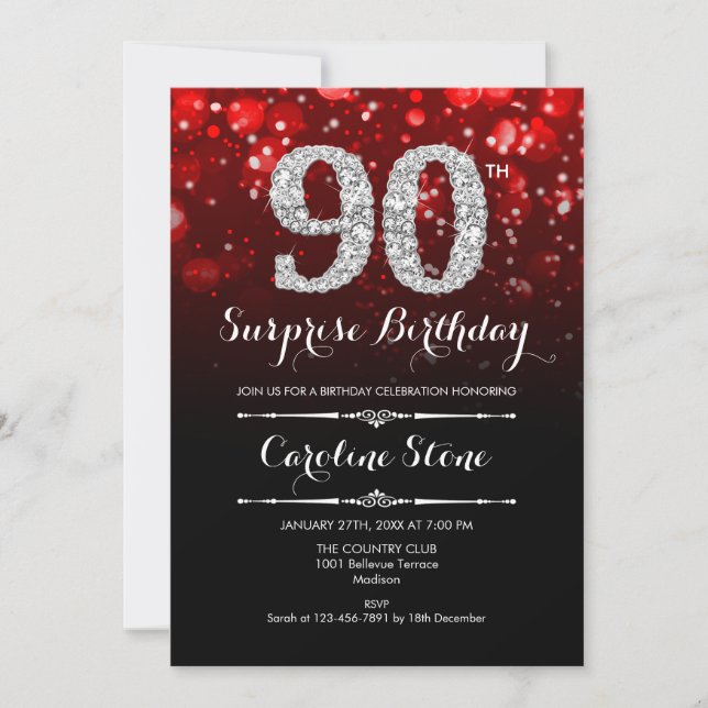 Invitation Surprise 90e anniversaire - Argent rouge noir (Devant)