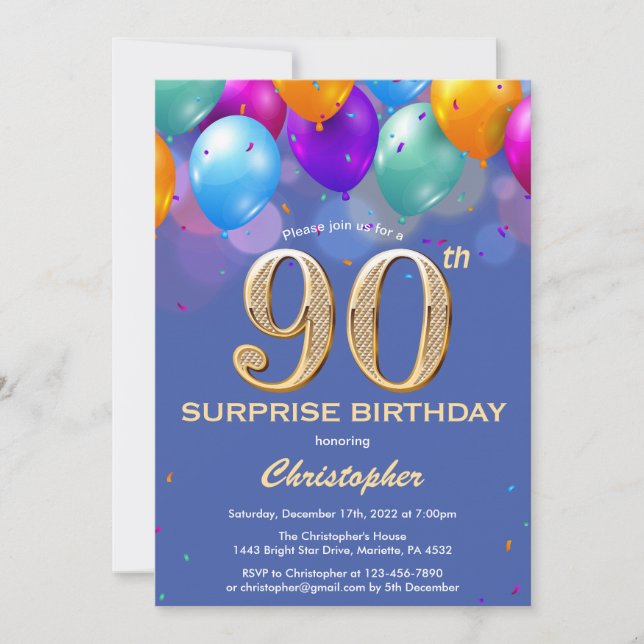 Invitation Surprise 90e anniversaire Ballons bleu et or (Devant)