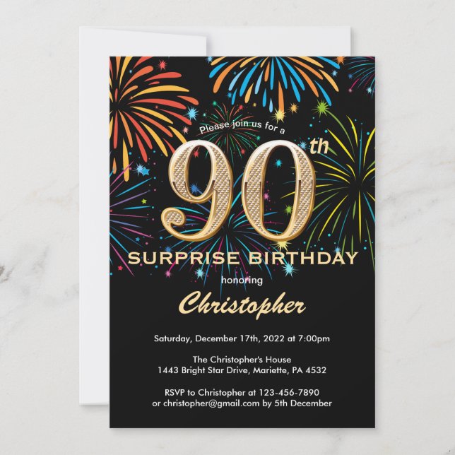 Invitation Surprise 90e anniversaire Black Gold Rainbow Firew (Devant)