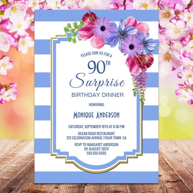Invitation Surprise 90e anniversaire Dîner floral rayé bleu (Créateur téléchargé)