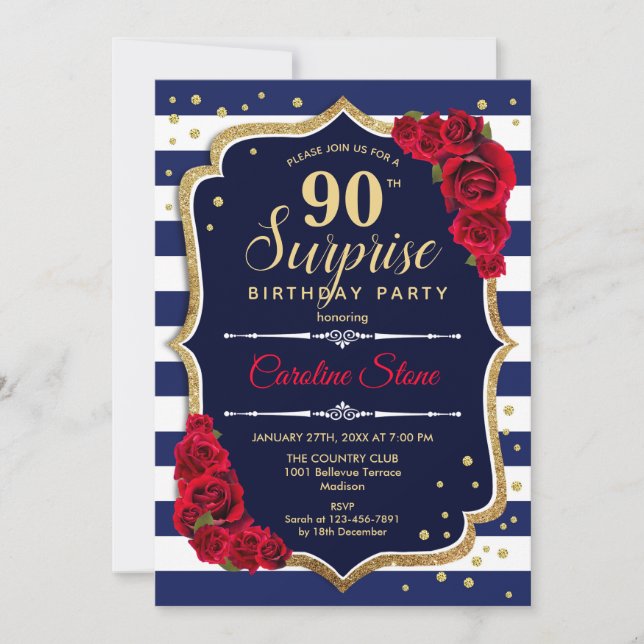 Invitation Surprise 90e anniversaire - Marine Blanc Rouge (Devant)