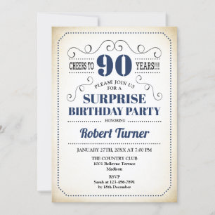 Invitation Surprise 90e anniversaire - Marine bleu blanc noir