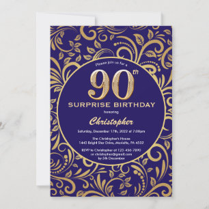 Invitation Surprise 90e anniversaire Marine bleu et or floral