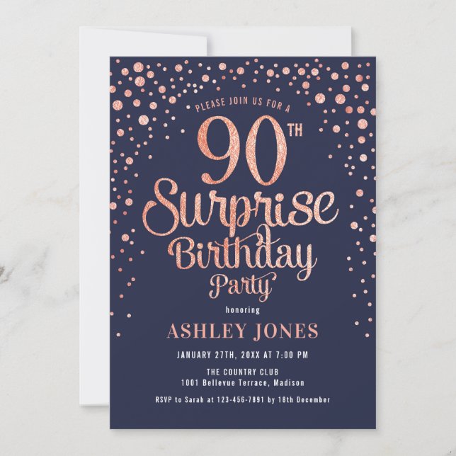 Invitation Surprise 90e anniversaire - Marine & Rose Gold (Devant)