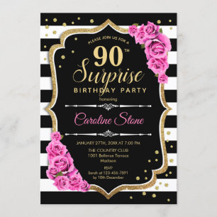 Invitation Surprise 90e anniversaire - Noir blanc rose