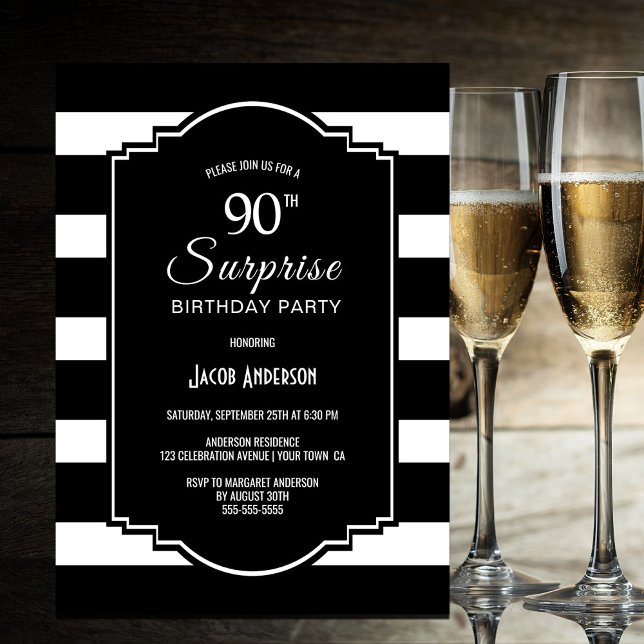Invitation Surprise 90e anniversaire Noir et blanc rayé (Créateur téléchargé)