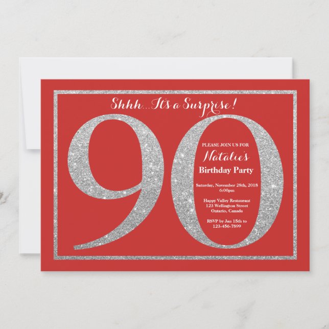 Invitation Surprise 90e anniversaire Parties scintillant roug (Devant)