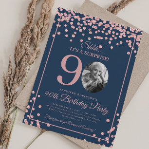 Invitation SURPRISE 90e Anniversaire Rose Gold Confettis Bleu