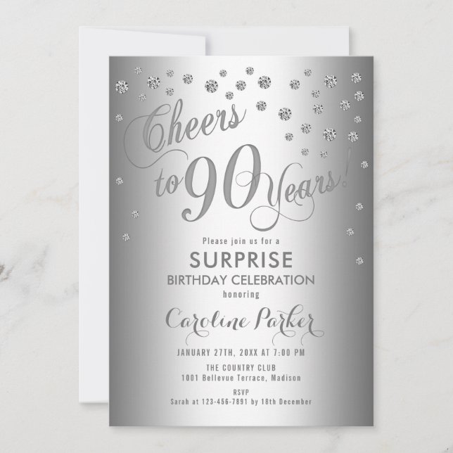 Invitation Surprise 90e fête d'anniversaire - Argent (Devant)