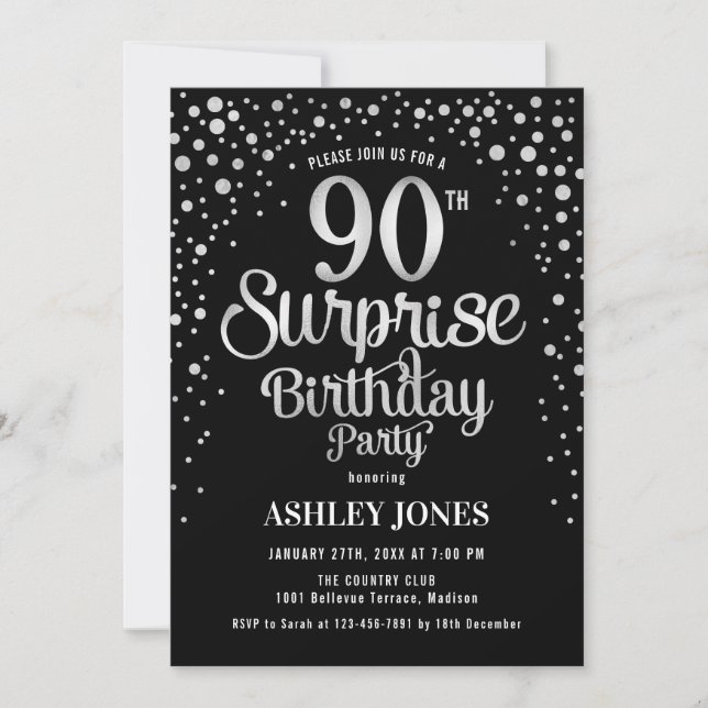 Invitation Surprise 90e fête d'anniversaire - Argent et Noir (Devant)