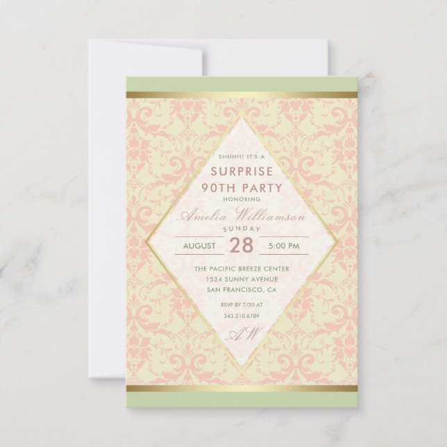 Invitation Surprise 90e fête d'anniversaire | Damask Diamond  (Devant)