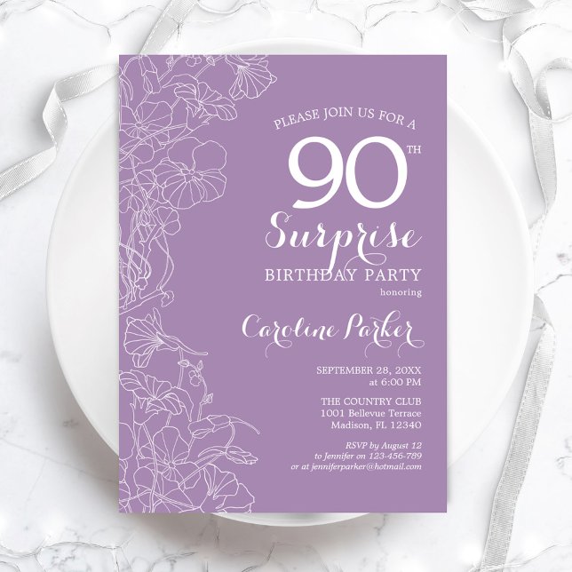 Invitation Surprise 90e fête d'anniversaire - Floral violet (Créateur téléchargé)