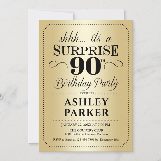 Invitation Surprise 90e fête d'anniversaire - Gold (Devant)